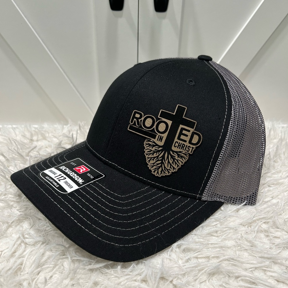 Laser engraved, Rooted in Christ. Richardson 112 trucker hat.